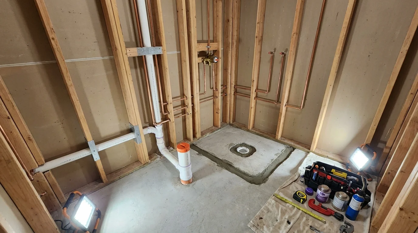 Bathroom rough-in plumbing during remodel by Johns Plumbing LLC in White City