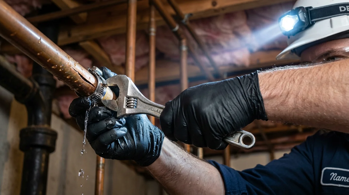 Emergency pipe clamp repair being performed by a Johns Plumbing LLC plumber in White City
