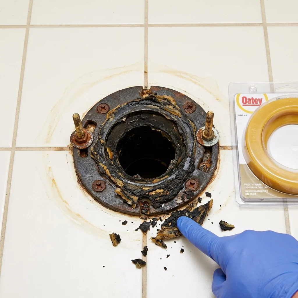 Failed wax ring showing water seepage at the base of a toilet in a White City, OR home