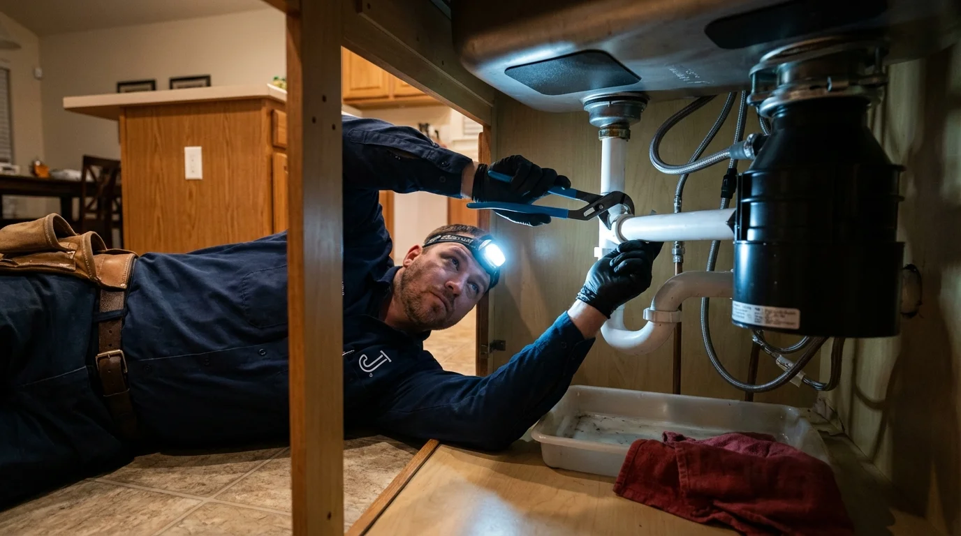 P-trap and supply line connections under a kitchen sink showing a common leak point in White City, OR